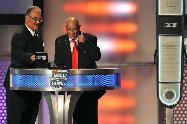  Franklin Scott, left, and Wendell Scott Jr., sons of NASCAR Hall of Famer Wendell Scott, speak during the 2015 NASCAR Hall of Fame Induction Ceremony at NASCAR Hall of Fame on January 30, 2015 in Charlotte, North Carolina.