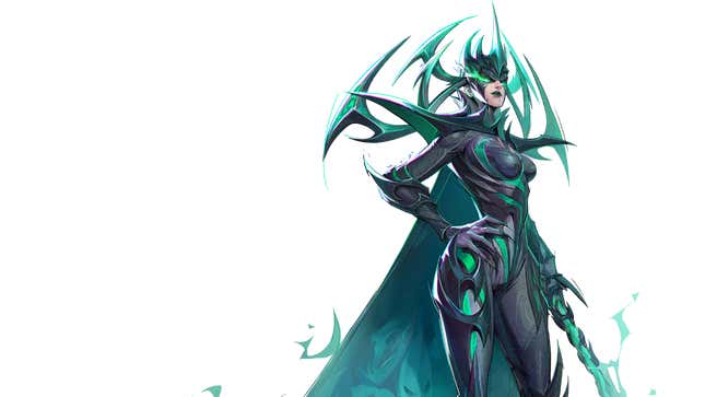 Hela stands with one hand on her hip and the other holding a sword.