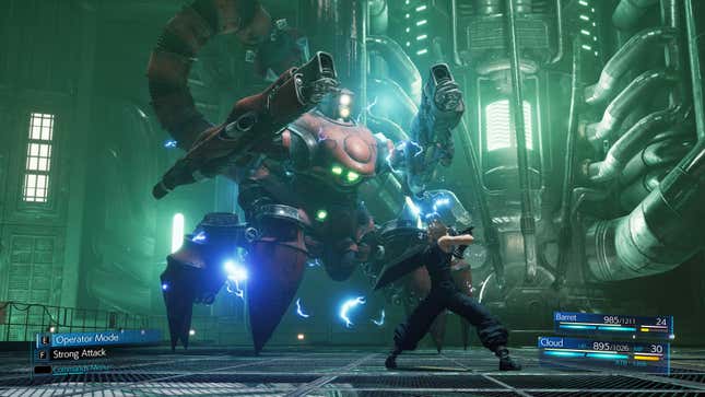 Cloud fights against the scorpion sentinel in Final Fantasy VII Remake.