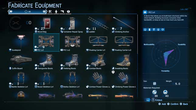 A screenshot shows various items in Death Stranding 2.
