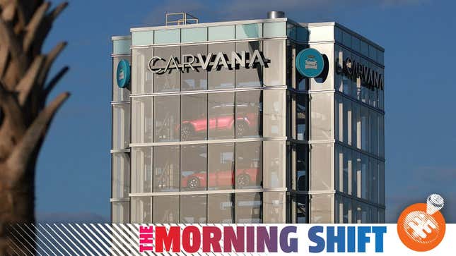 A photo of the Carvana glass tower of cars with The Morning Shift banner along the bottom. 