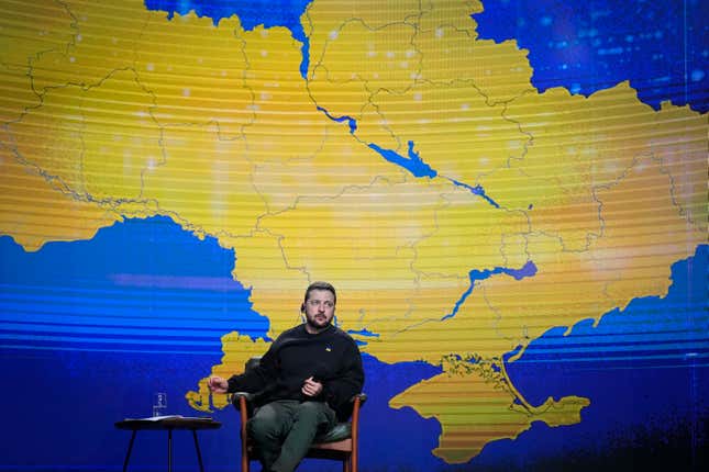 Ukrainian President Volodymyr Zelenskyy during his end-of-the-year news conference in Kyiv, Ukraine, Tuesday, Dec. 19, 2023. (AP Photo/Efrem Lukatsky)