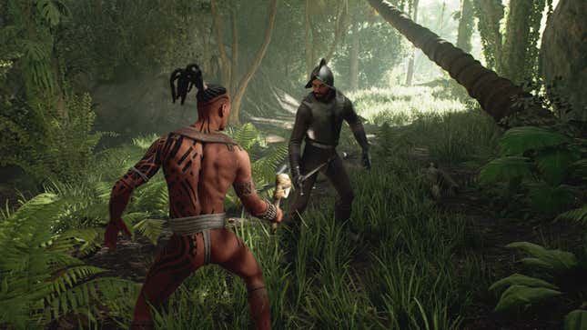 Two warriors fight in the jungle.