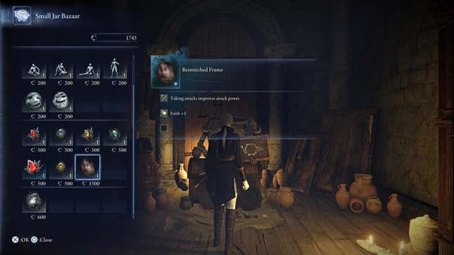 A character picks up an item.