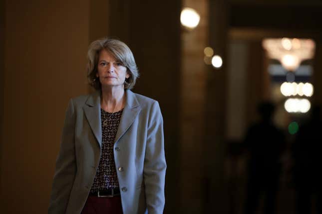 WASHINGTON, DC - OCTOBER 21: Sen. Lisa Murkowski (R-AK) walks to the Senate Chambers for a vote at the U.S. Capitol Building on October 21, 2021, in Washington, DC.