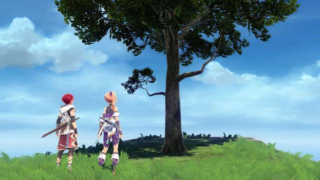 Two characters stand beneath a tree on a grassy hill.