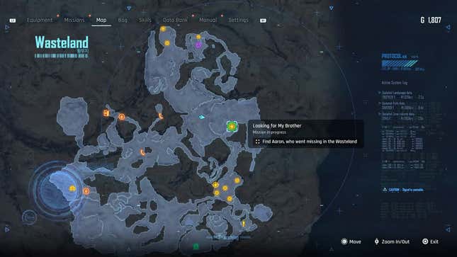 An image of Stellar Blade's Wasteland map, with the square cursor centered on the location of the "Looking for My Brother" side quest.