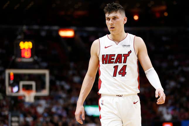 Tyler Herro #14 of the Miami Heat looks on against the Memphis Grizzlies during the first half at American Airlines Arena on October 23, 2019 in Miami, Florida. 