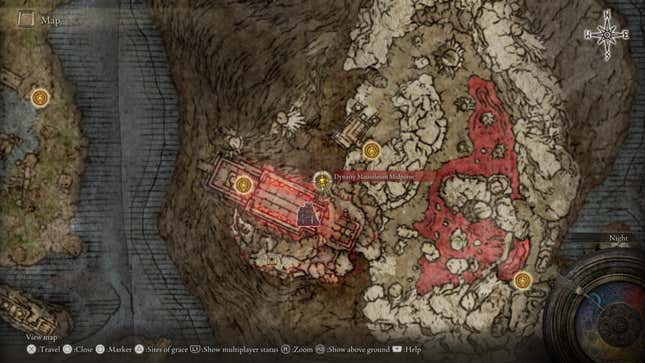 An Elden Ring map screen highlights the Dynasty Mausoleum Midpoint.