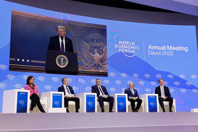 U.S. President Donald Trump speaks with a consortium of business leaders at the World Economic Forum’s meeting in Davos, Switzerland. 