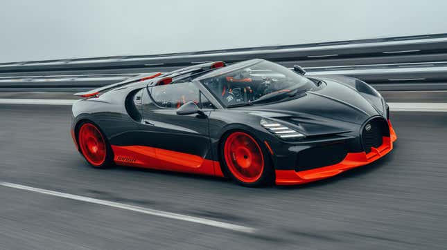 Front 3/4 view of the black and orange Bugatti W16 Mistral World Record Car