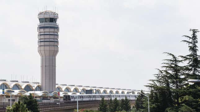 The control tower at Ronald Reagan Washington National Airport on August 2, 2012 in Arlington, VA.  An error by air traffic controllers on Wednesday nearly led to a mid-air collision between three planes.