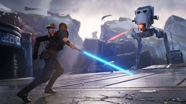 A screenshot from Jedi Fallen Order showing Cal attacking an AT-ST walker with his lightsaber.