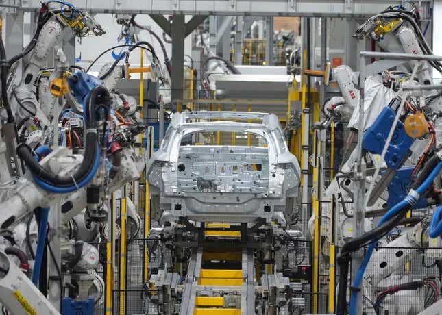 A car frame is being welded by robots at a Vinfast factory in Hai Phong, Vietnam, on Sept. 29, 2023. Vietnamese automaker Vinfast has plunged right into the crowded and hypercompetitive U.S. auto market, gambling that if it can sell its electric vehicles to finicky Americans, it can succeed anywhere. So far, that gamble has yet to pay off. (AP Photo/Hau Dinh)