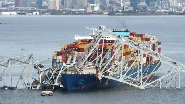 A photo of the container ship that crashed into a bridge in Baltimore. 