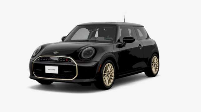 A screenshot of a black Mini Cooper S with Vibrant Silver (aka light gold) wheels and trim around the grille.