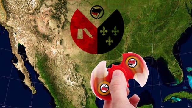 An image posted to a satirical Facebook event showing “antifa” invading Louisiana like a hurricane, though the “storm” is actually a fidget spinner with an anti-fascist logo.