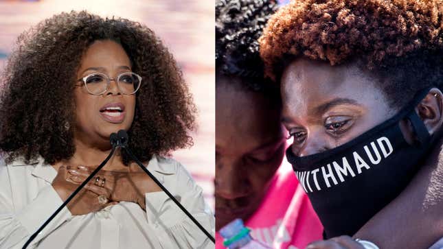 (L-R): Oprah Winfrey, left; Jasmine Arbery, sister of Ahmaud Arbery, right, and Wanda Cooper-Jones, Ahmaud’s mother, comfort one another while people gather to honor Ahmaud on May 9, 2020, in Brunswick, Georgia. 