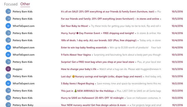My inbox after signing up for the What To Expect app