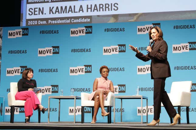 Stephanie Valencia, Karine Jean-Pierre and Kamala Harris speak onstage at the MoveOn Big Ideas Forum at The Warfield Theatre on June 01, 2019 in San Francisco, California.