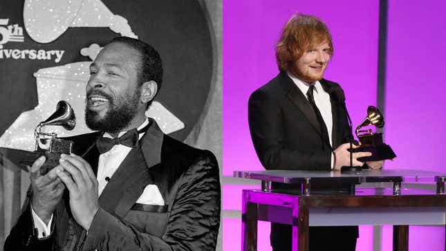 Marvin Gaye with his Grammy Award for Rhythm &amp; Blues Male Vocalist at the 25th annual Grammy Awards; Ed Sheeran accepts the award for Best Pop Solo Performance for “Thinking Out Loud” at the 58th annual Grammy Awards.