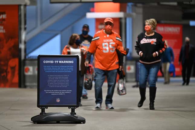 Signage inside FirstEnergy Stadium reminds fans of the dangers of Covid-19 before an NFL game between the Cleveland Browns and the Cincinnati Bengals on September 17, 2020 in Cleveland, Ohio. 