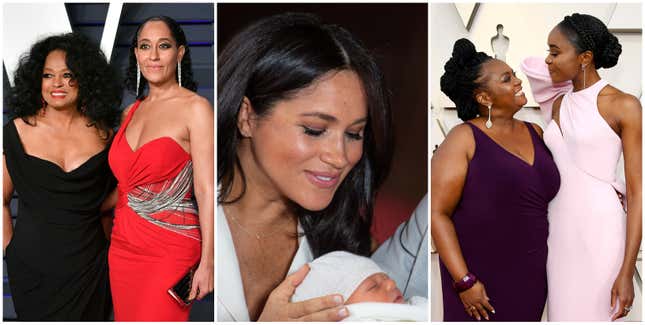 (l-r) Diana Ross (L) and Tracee Ellis Ross attend the 2019 Vanity Fair Oscar Party hosted by Radhika Jones on February 24, 2019 in Beverly Hills, California; Meghan, Duchess of Sussex, poses with her newborn son Archie Harrison Mountbatten-Windsor on May 8, 2019 in Windsor, England; Sandra Layne (l) and KiKi Layne attend the 91st Annual Academy Awards at Hollywood and Highland on February 24, 2019 in Hollywood, California.