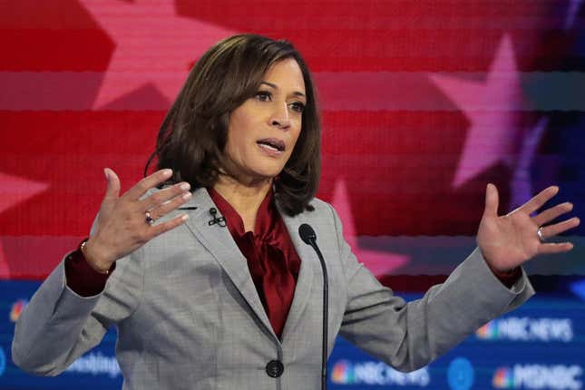 Former presidential candidate U.S. Senator Kamala Harris at the Democratic Presidential Debate at Tyler Perry Studios November 20, 2019 in Atlanta, Georgia. 