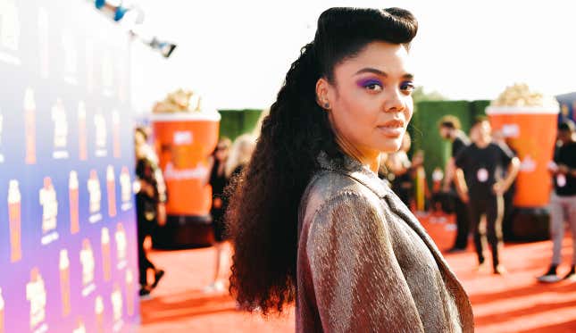 Tessa Thompson attends the 2019 MTV Movie and TV Awards at Barker Hangar on June 15, 2019 in Santa Monica, California.