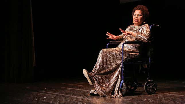 In this September 2014 photo, poet Ntozake Shange speaks onstage during an event at Harlem’s Schomburg Center celebrating the 40th anniversary of Shange’s play For Colored Girls Who Have Considered Suicide / When the Rainbow Is Enuf. Shange died in 2018, but, now, the play will be staged again beginning in October 2019 at New York’s Public Theater. 