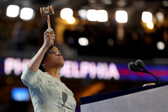 BOUT IT BOUT IT: Baltimore Mayor Stephanie Rawlings-Blake bangs the gavel calling to order the first day of the Democratic National Convention at the Wells Fargo Center, July 25, 2016 in Philadelphia, Pennsylvania.