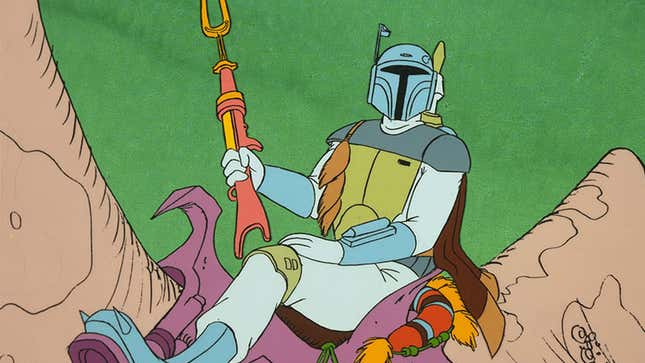 Boba and his fetching color scheme (and his trusty amban phase-pulse blaster rifle) make their debut in The Star Wars Holiday Special.