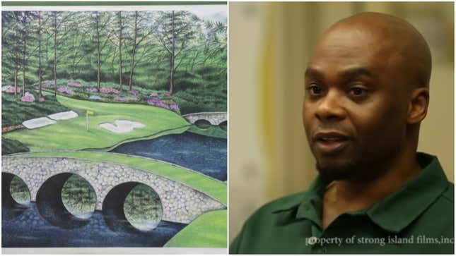 L- an image of Valentino Dixon’s painting of the 12th Hole at Augusta National Golf Club. R- Dixon, speaking in the “Making an Exonoree” YouTube documentary.