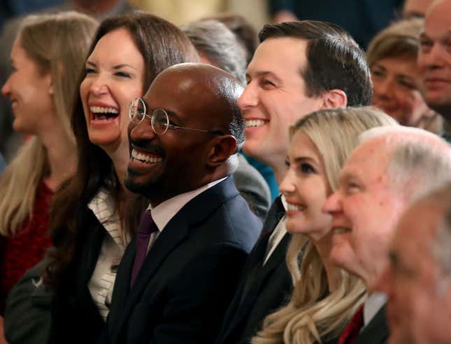 Jeff Sessions, right. sits with Ivanka Trump, her husband, Senior White House Advisor Jared Kushner, center, and Van Jones, left, during a prison reform summit in the East Room at the White House, on May 18, 2018, in Washington, D.C.