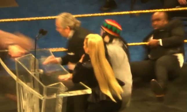 Image for article titled Idiot In The Ring Tackles Bret Hart During WWE Hall Of Fame Ceremony