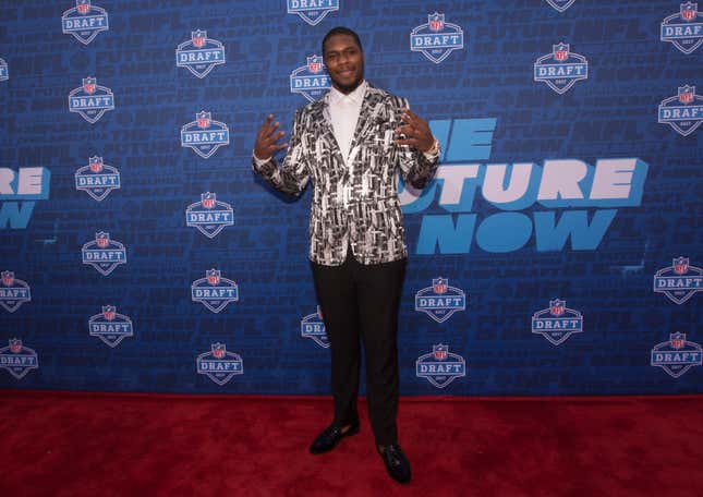 Malik McDowell poses for a picture on the red carpet prior to the start of the 2017 NFL Draft on April 27, 2017, in Philadelphia.