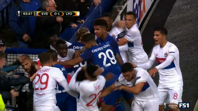 Everton Supporters Join In Fight With Lyon Players