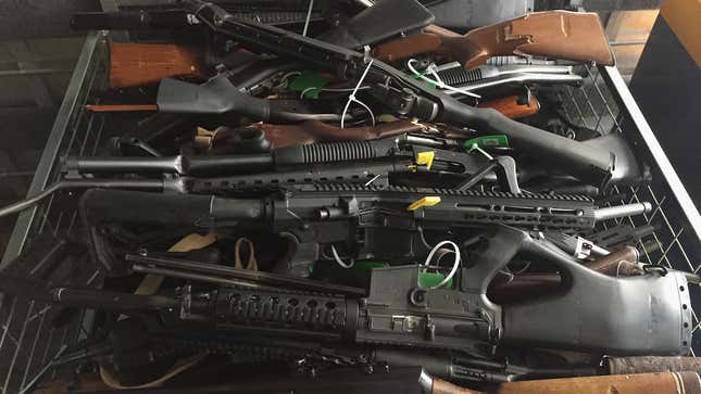 In this handout image provided by New Zealand Police, collected firearms are seen at Riccarton Racecourse on July 13, 2019 in Christchurch, New Zealand. 