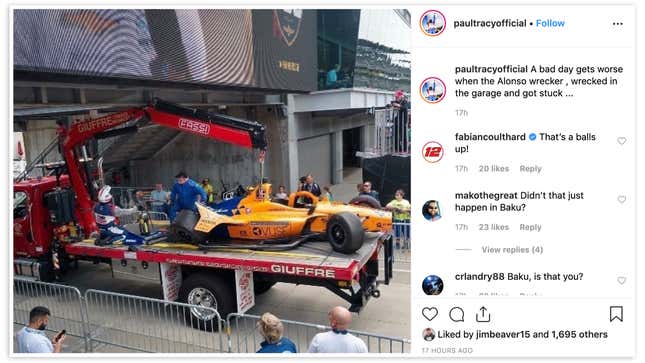 Image for article titled Wrecker Transporting Fernando Alonso’s Wrecked Indy 500 Practice Car Also Wrecks