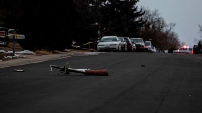 Debris fallen from a United Airlines airplane’s engine lay scattered through the neighborhood of Broomfield, outside Denver, Colorado, on February 20, 2021. 