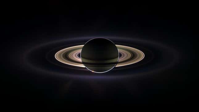 Saturn in 2006, backlit by the Sun.