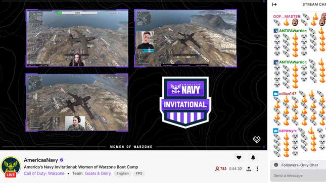 Image for article titled Navy&#39;s &#39;Women Of Warzone&#39; Twitch Stream Spammed With Bomb Emotes