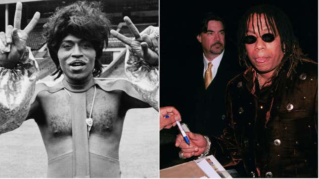 Little Richard, left, as he prepares to perform at Wembley Stadium, 1972; Rick James poses at the film premiere of “I Spy” on October 23, 2002, in Hollywood, Calif.