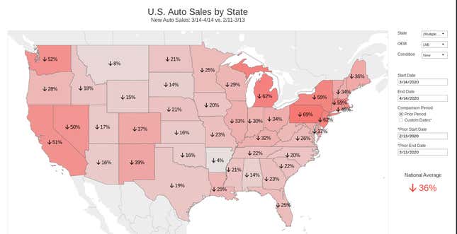 Image for article titled This Interactive Map Shows How Devastating Coronavirus Is On The American Car Market
