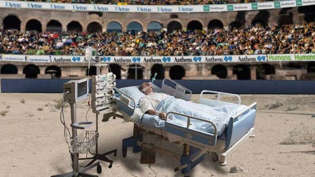 Image for article titled Delighted Health Insurance Executives Gather In Outdoor Coliseum To Watch Patient Battle Cancer