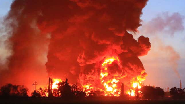 A massive fire rages at the Balongan refinery, operated by state oil company Pertamina, in Indramayu, West Java, on March 29, 2021.
