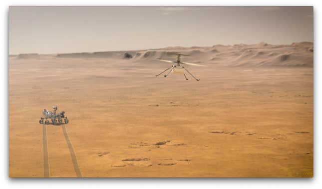A mock-up of the helicopter in flight over Jezero Crater on Mars.