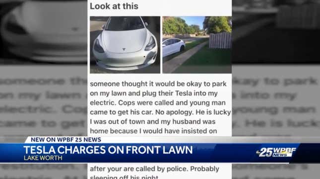 Image for article titled Entitled Tesla Jackass Parks on Stranger's Lawn, Steals Electricity for 12 Hours