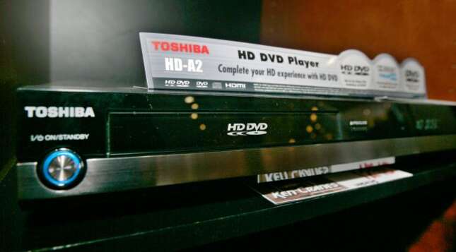 A Toshiba HD-DVD disc player is seen at a Ken Crane’s Big Screen Headquarters store in Buena Park, Calif., Wednesday, Aug. 8, 2007.