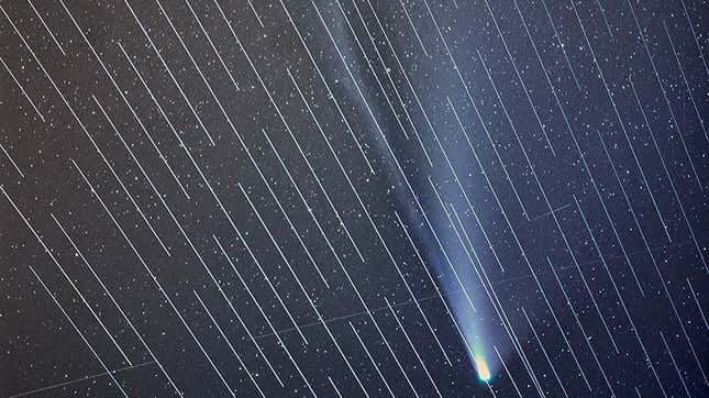 An image of Comet NEOWISE marred by Starlink satellites.